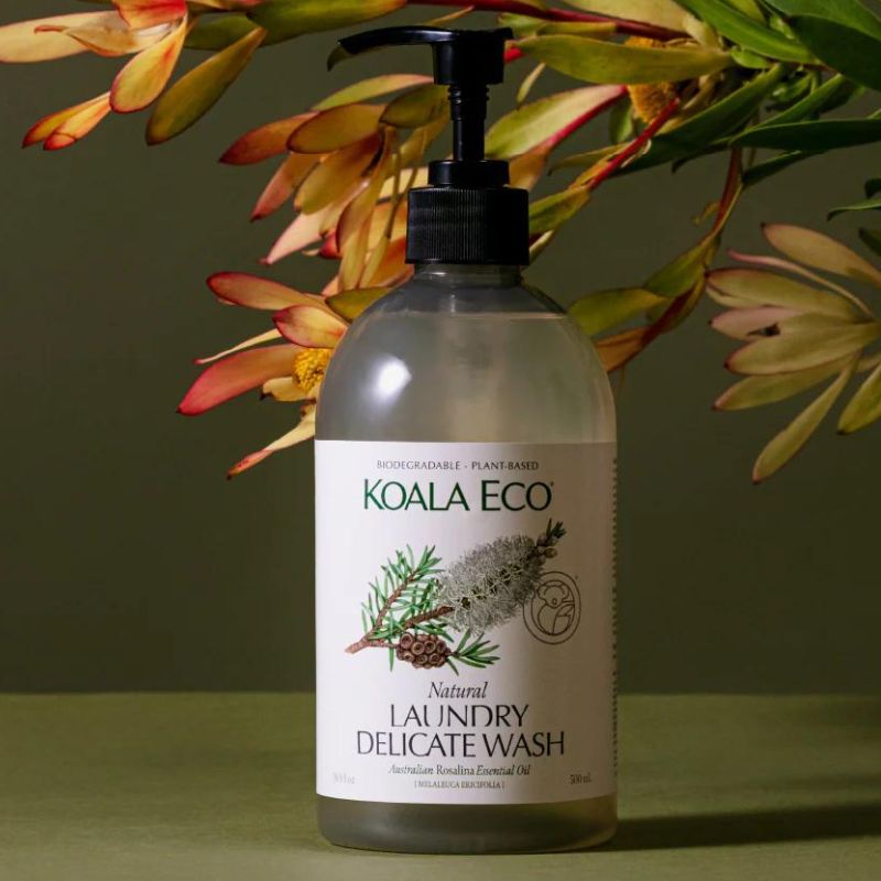 Koala Eco Laundry delicate wash with Rosalina Essential oil - 500ml  - in front of branch with leaves on.