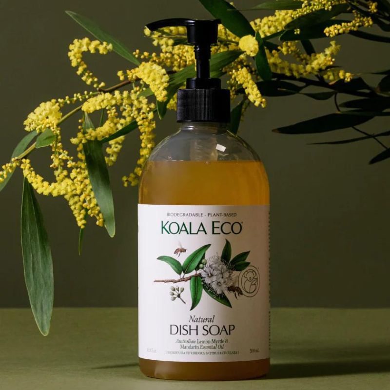 Koala Eco natural dish soap - dishwashing liquid - 500ml bottle with pump - dark background with lemon myrtle.