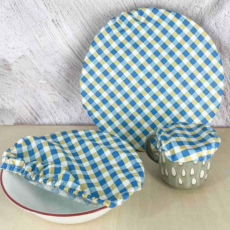 Laminated Cotton Shop - bowl covers set french coated cotton - set of bowls and a cup with food covers on. 
