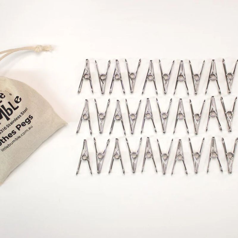 Little Bumble stainless steel marine grade 316 clothes pegs - 30 in a calico bag.