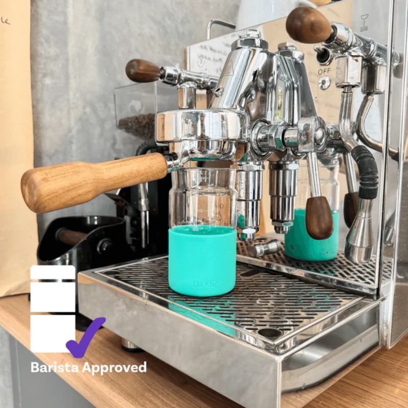 Luxey Original reusable glass coffee cup - 12oz/340ml/355ml - under coffee machine. 