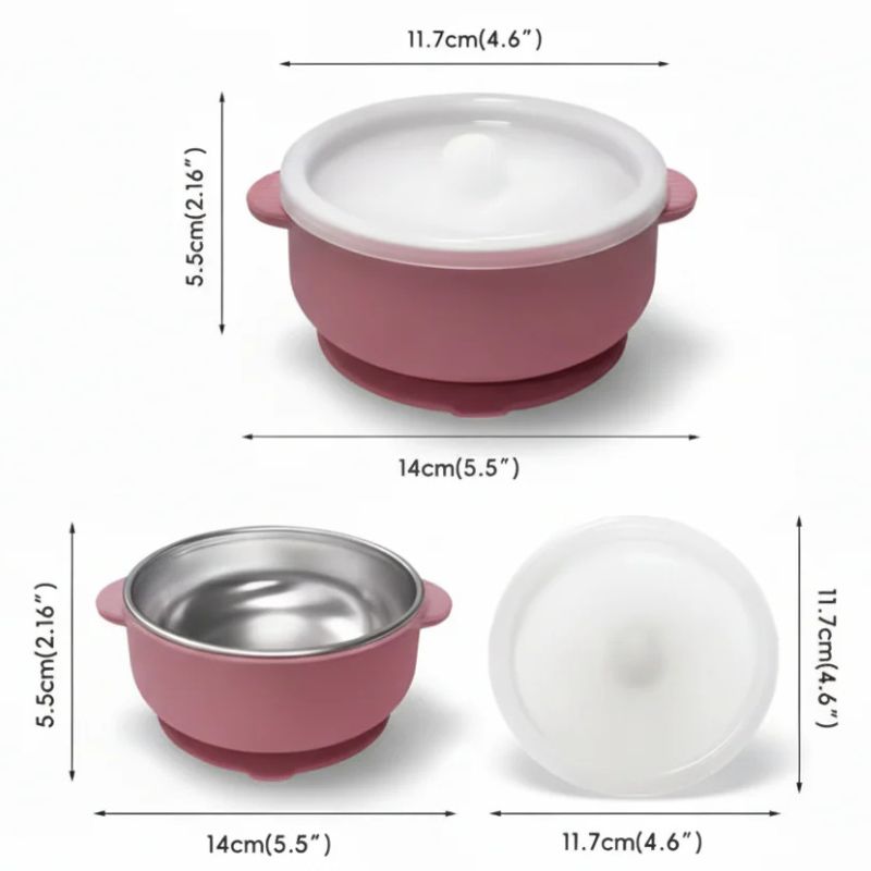 Montesso Mates kids stainless steel bowl with lid - Rose Dust - shown with measurements.