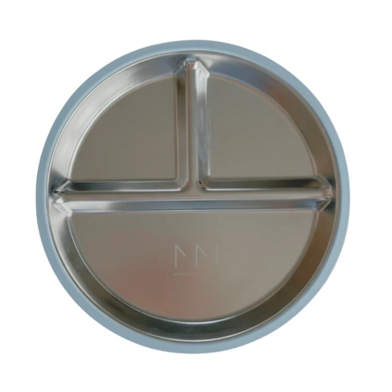 Montessori Mates - kids stainless steel divided plate with silicone lid - Blue Fog.