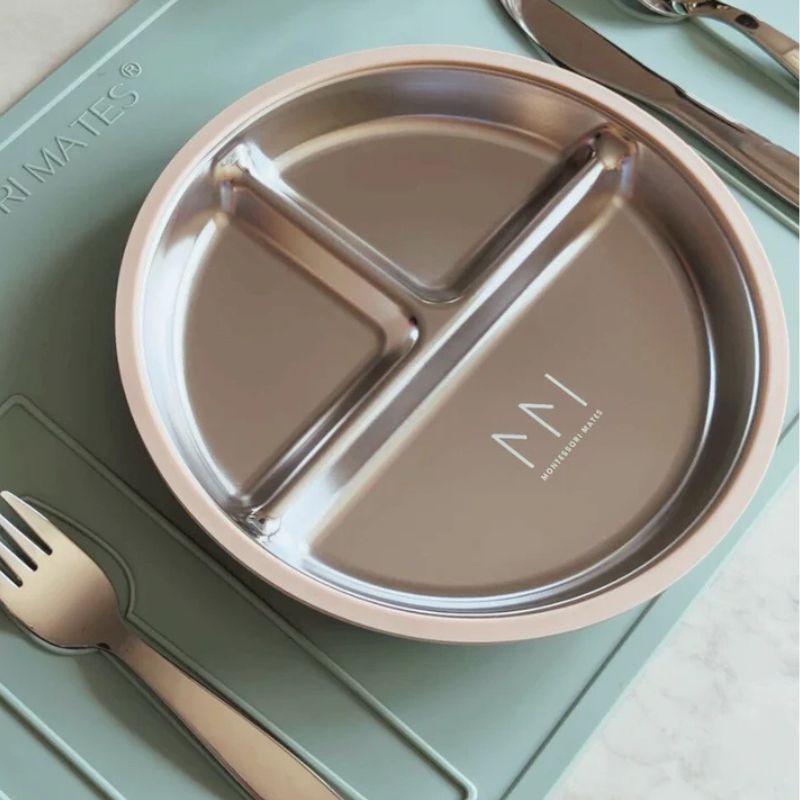 Montessori Mates - kids stainless steel divided plate with silicone lid - shown set up on a table. 