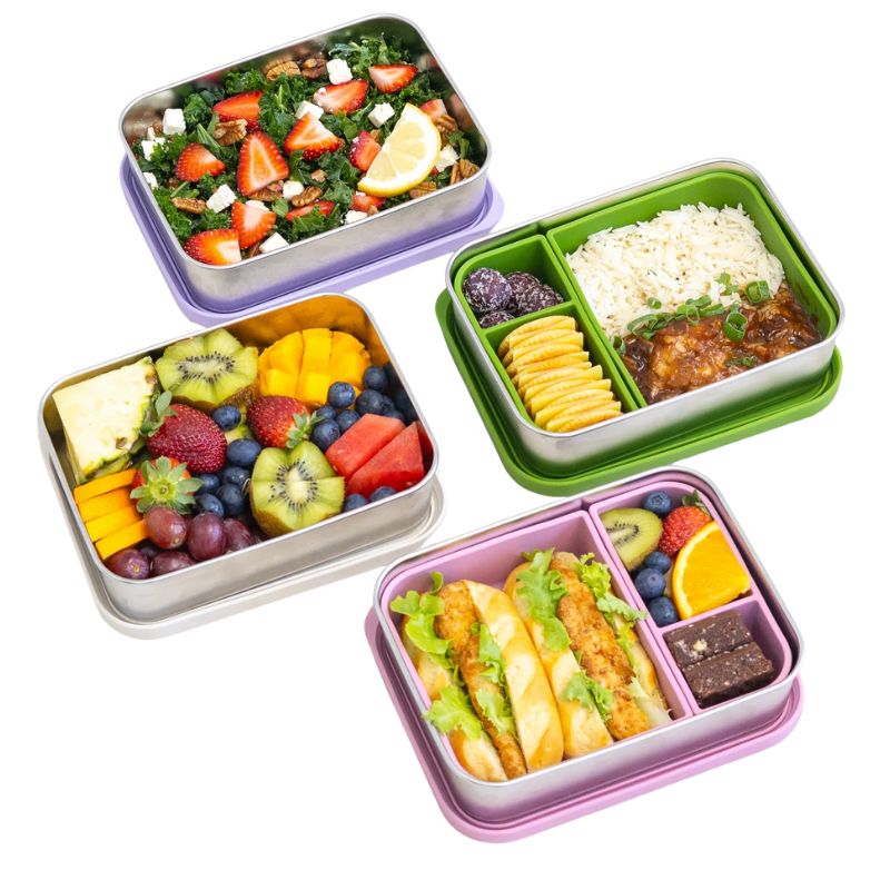 Moniico Multiway Lunch Box - mixed photo with food in all 4 lunch boxes.