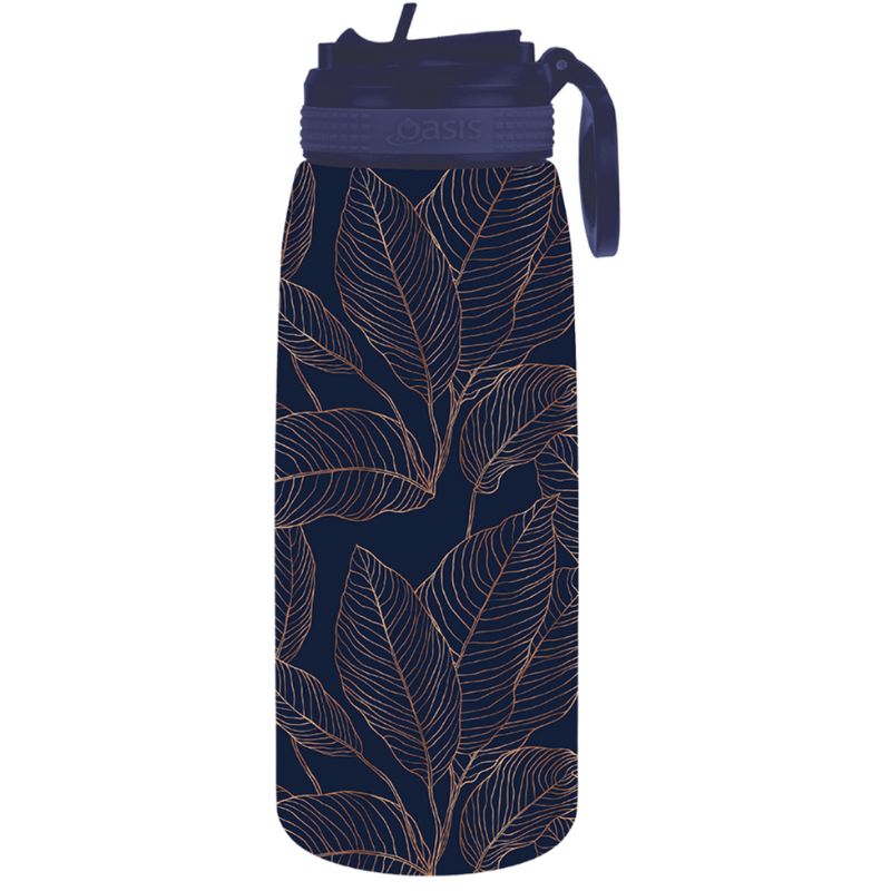 780ml Oasis sports bottle with sipper lid - double walled stainless steel bottle - Navy Leaves.