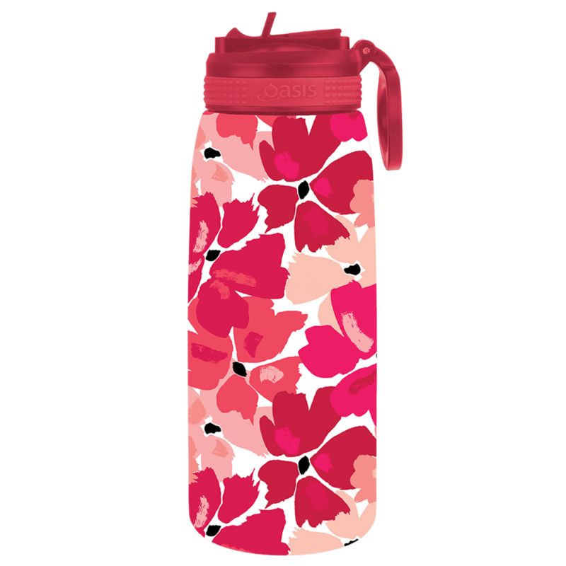 780ml Oasis sports bottle with sipper lid - double walled stainless steel bottle - Red Poppies.