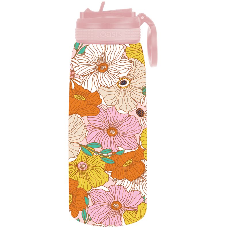 780ml Oasis sports bottle with sipper lid - double walled stainless steel bottle - Retro Floral.