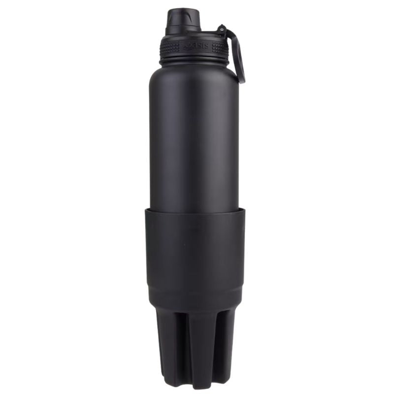 Oasis car cup holder expander - black - shown with black bottle in it. 