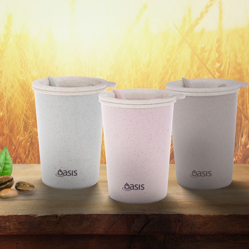 Oasis Double Walled reusable Eco Cup made from wheat straw - 300ml - mixed photo - with coffee beans.