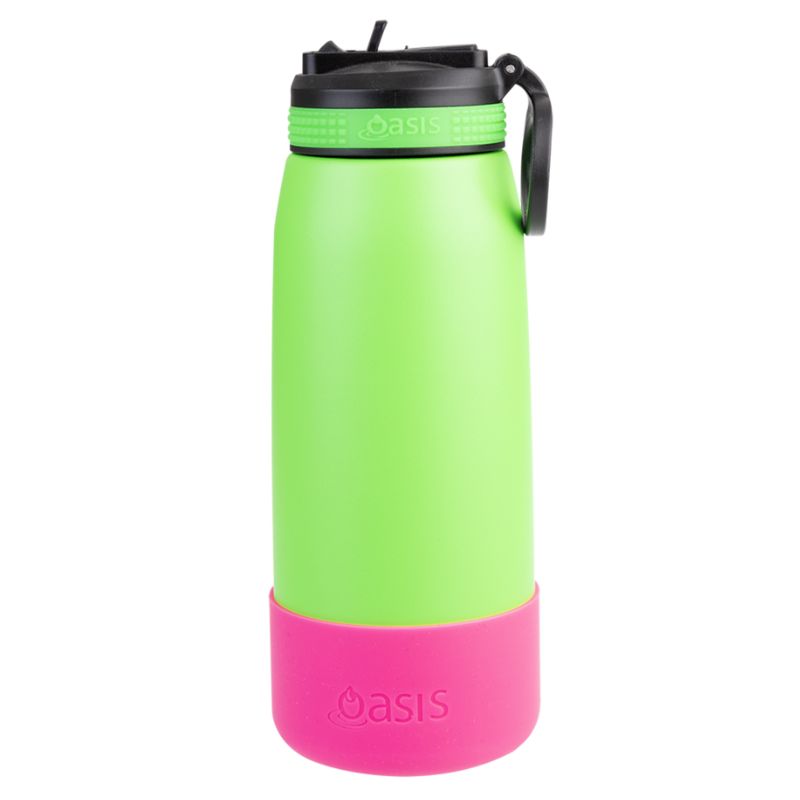 Oasis silicone bumper to fit sports bottle 780ml - neon pink bumper on neon green bottle.