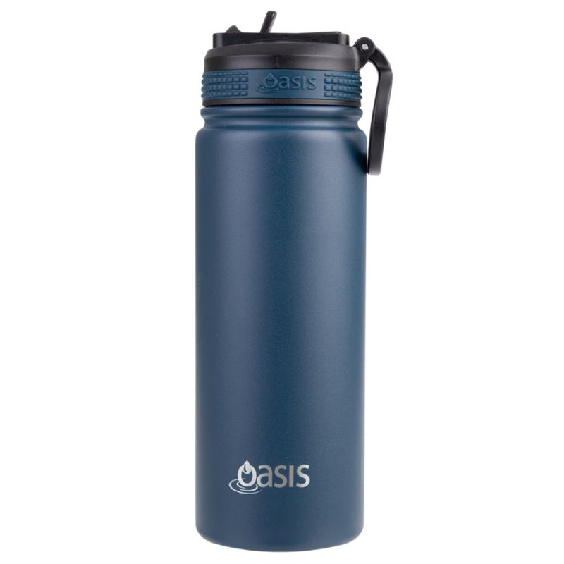 Oasis stainless steel double wall insulated Challenger sports bottle with sipper - 550ml - Navy.