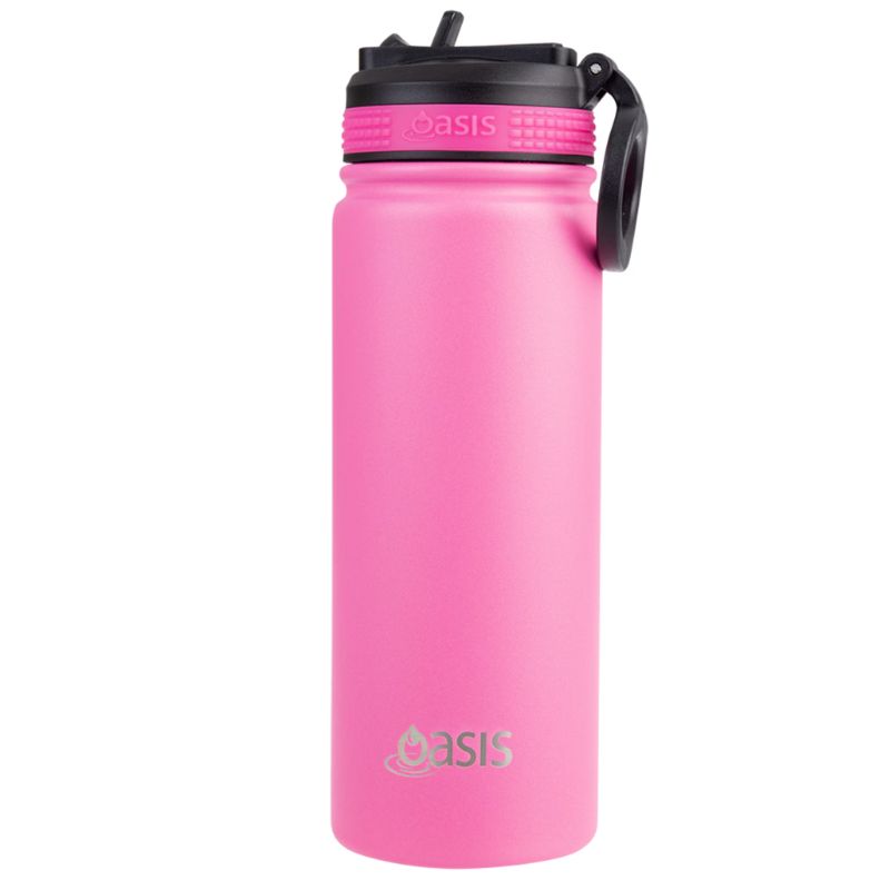 Oasis stainless steel double wall insulated Challenger sports bottle with sipper - 550ml - Neon Pink.