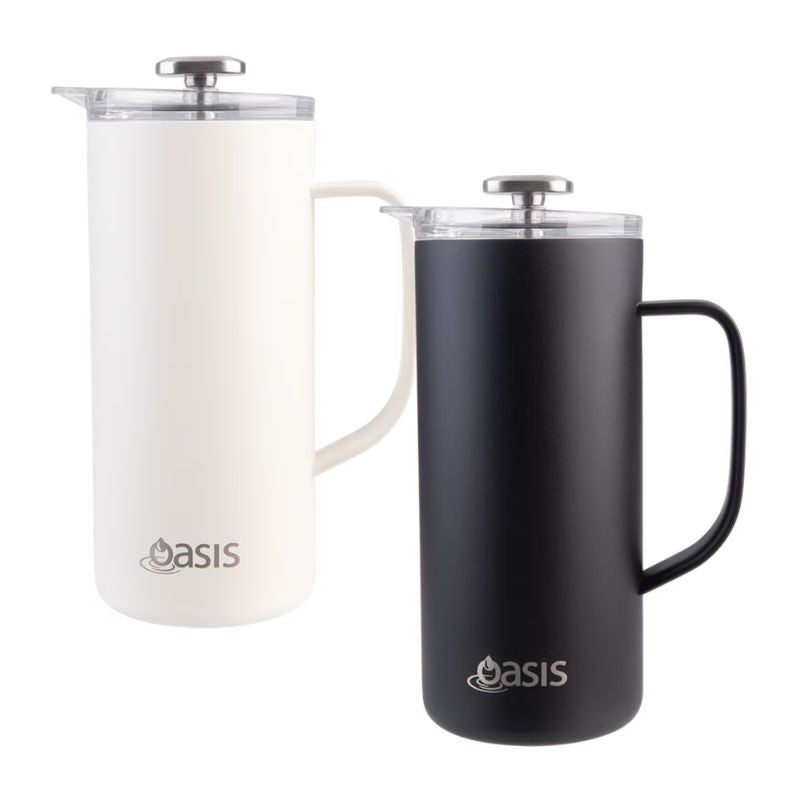 Oasis stainless steel double wall insulated coffee press plunger - 4 cup 600ml - Alabaster and Black.