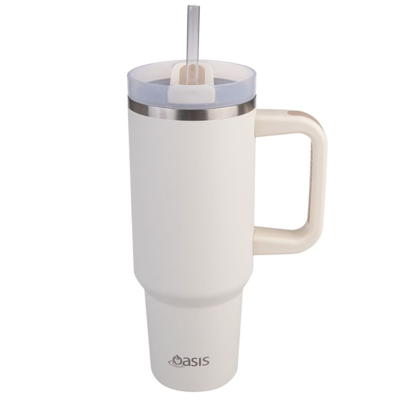 Oasis Stainless steel double wall insulated commuter travel tumbler 1.2L with a handle and straw - similar to the Stanley cup - Alabaster