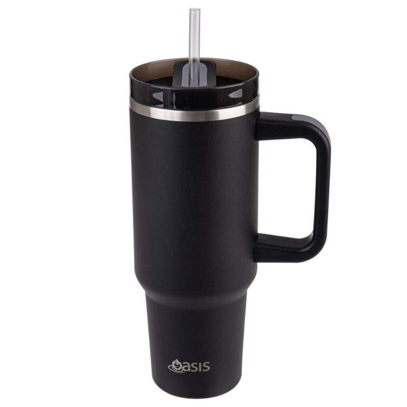 Oasis Stainless steel double wall insulated commuter travel tumbler 1.2L with a handle and straw - similar to the Stanley cup - Black.