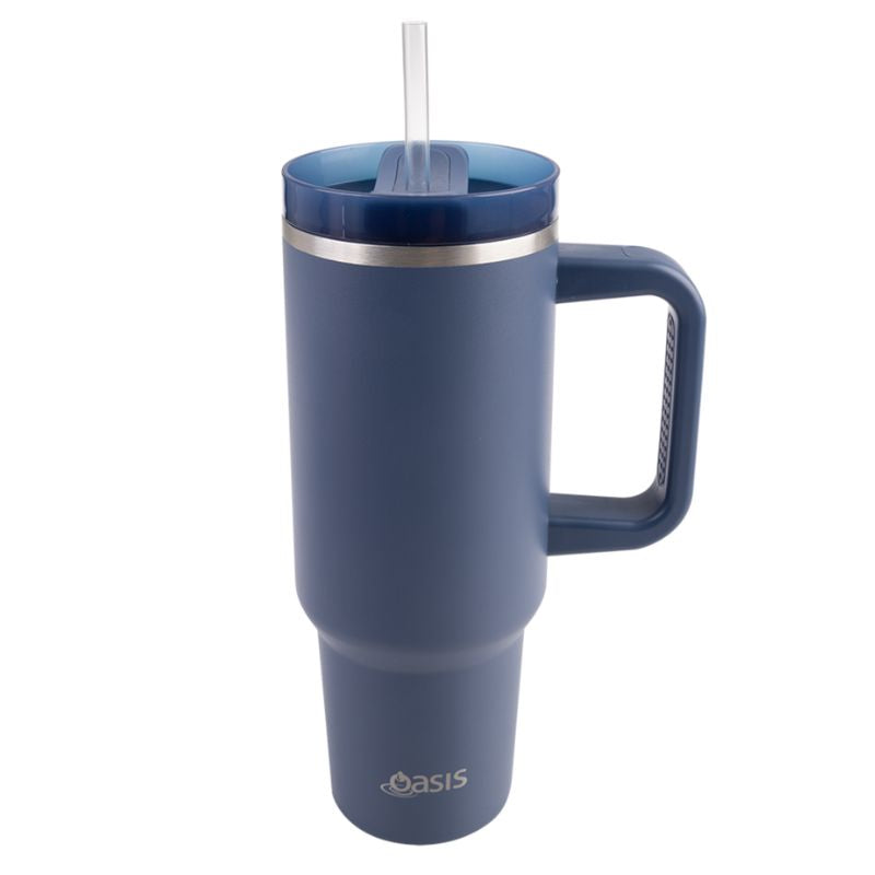 Oasis Stainless steel double wall insulated commuter travel tumbler 1.2L with a handle and straw - similar to the Stanley cup - Indigo.