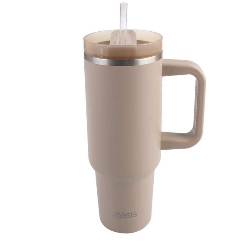 Oasis Stainless steel double wall insulated commuter travel tumbler 1.2L with a handle and straw - similar to the Stanley cup - Latte.