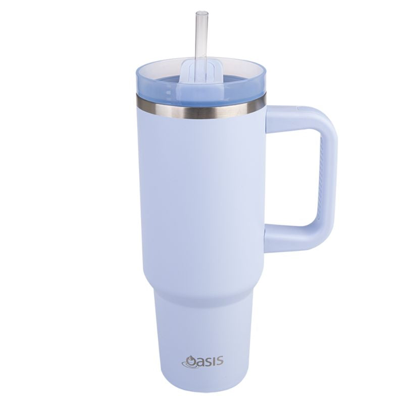 Oasis Stainless steel double wall insulated commuter travel tumbler 1.2L with a handle and straw - similar to the Stanley cup - Periwinkle.