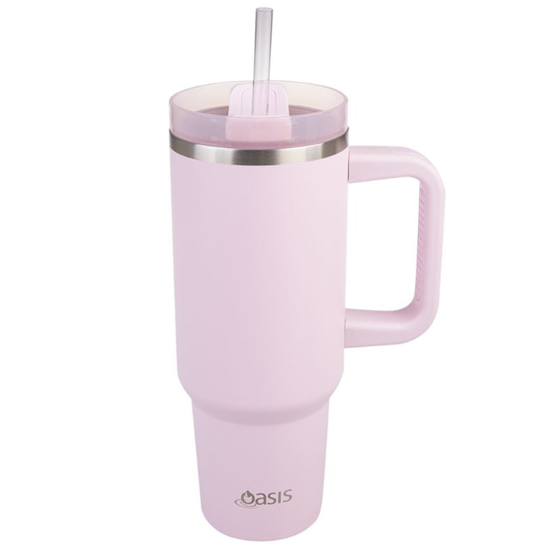 Oasis Stainless steel double wall insulated commuter travel tumbler 1.2L with a handle and straw - similar to the Stanley cup - Pink Lemonade.