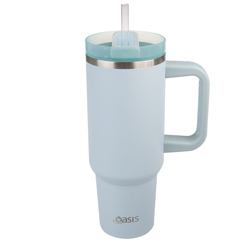 Oasis Stainless steel double wall insulated commuter travel tumbler 1.2L with a handle and straw - similar to the Stanley cup - Sea Mist. 