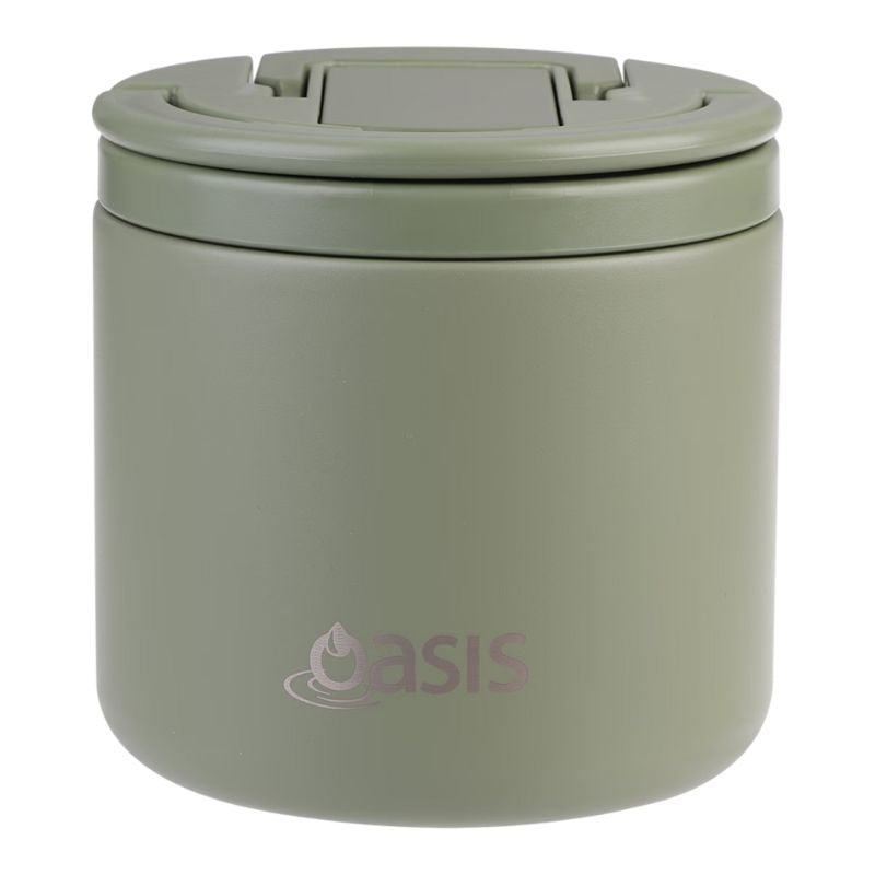 Oasis stainless steel double wall insulated food flask with quick release lid and spork - 500ml - Olive Green.