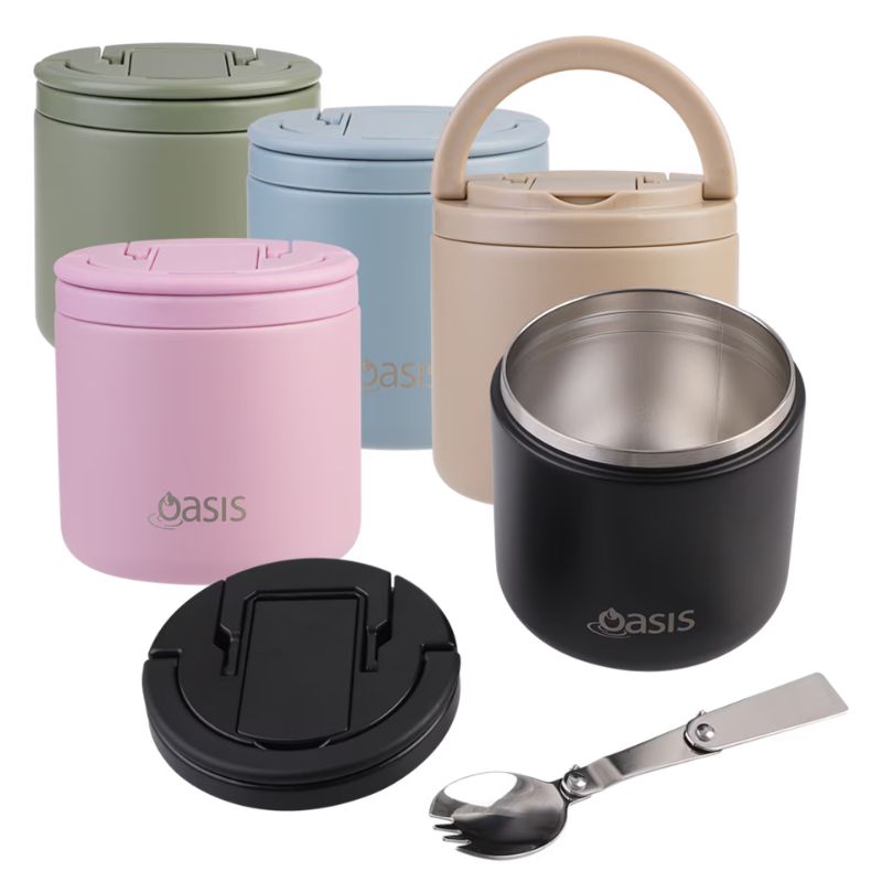 Oasis stainless steel double wall insulated food flask with quick release lid and spork - 500ml - mix photo. 