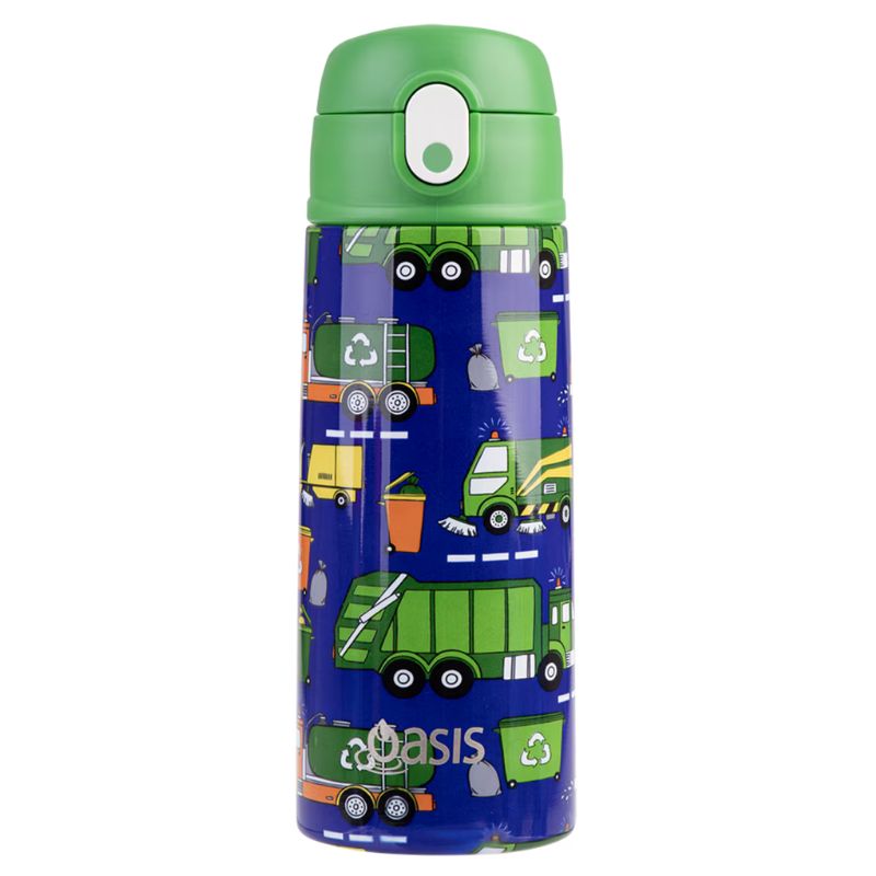 Oasis stainless steel double wall insulated kid's drink bottle with sipper 550ml - Garbage Trucks design. 