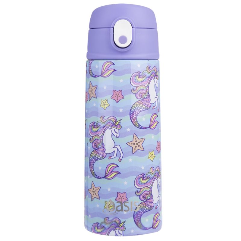 Oasis stainless steel double wall insulated kid's drink bottle with sipper 550ml - Mermaid Unicorns.