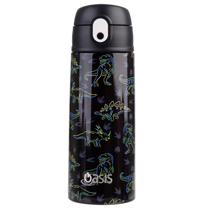 Oasis stainless steel double wall insulated kid's drink bottle with sipper 550ml - Neon Dinosaur design. 