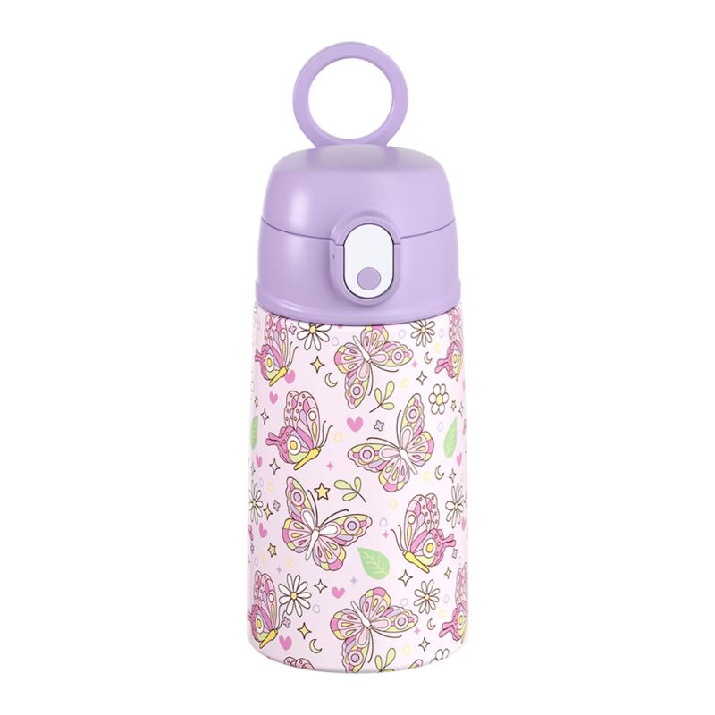 400ml Oasis Stainless Steel Double Walled insulated kids water bottle with sipper straw - Butterfly Bliss.
