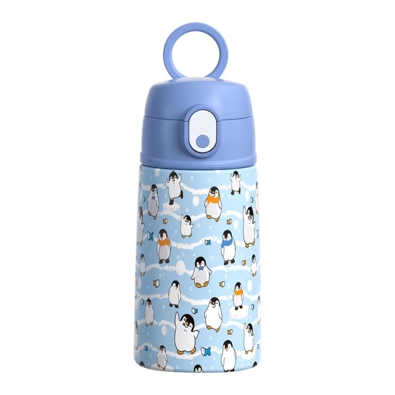 400ml Oasis Stainless Steel Double Walled insulated kids water bottle with sipper straw - Happy Penguins.
