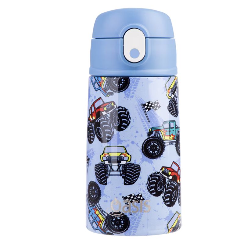 400ml Oasis Stainless Steel Double Walled insulated kids water bottle with sipper straw - Monster Trucks.