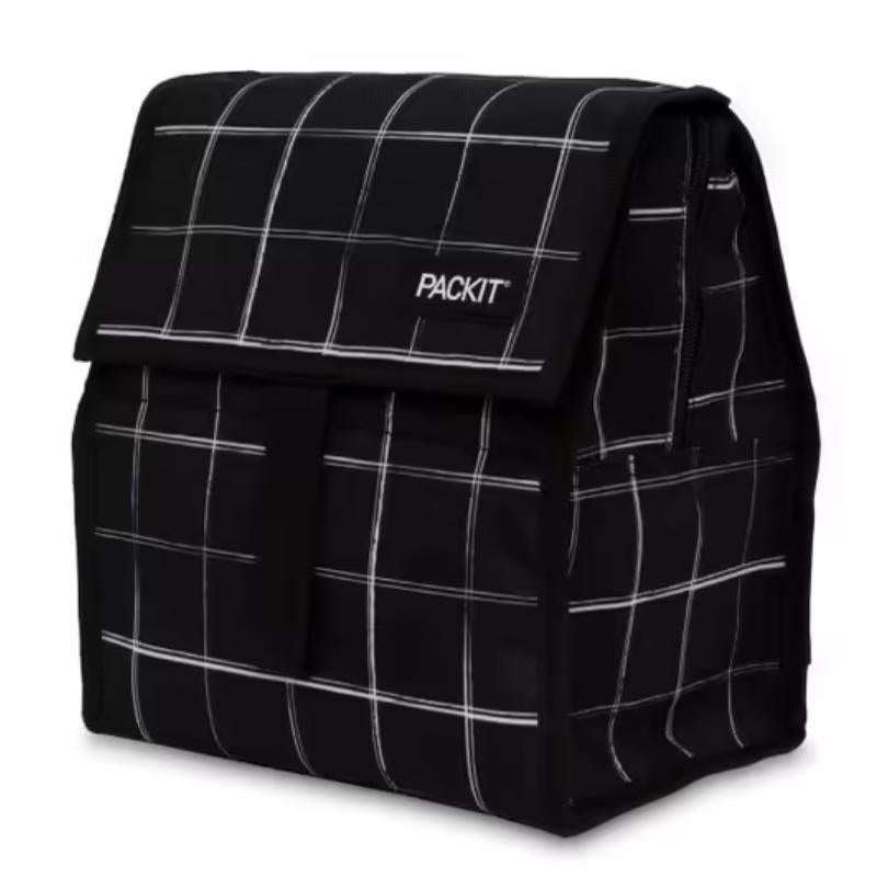 PackIt freezable insulated lunch cooler bag - Black Grid design.
