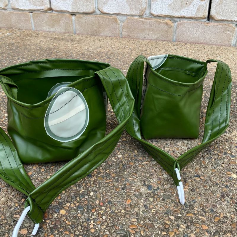 Peg basket made from recycled air mattress by Ploys - large and small green bag.