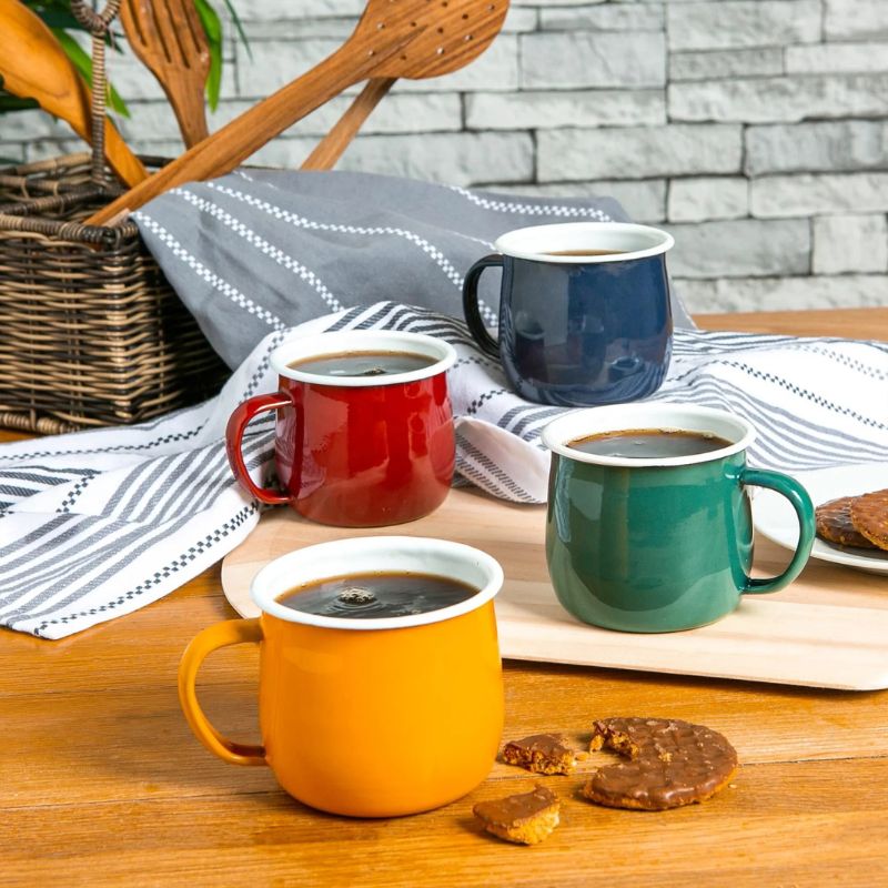 Rinkit 375ml coloured enamel belly mug - mixed coloured on table. 