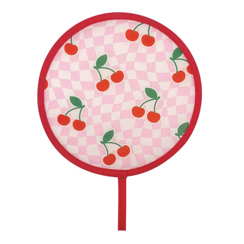 Sachi Pop folding travel fan - chequered cherries.