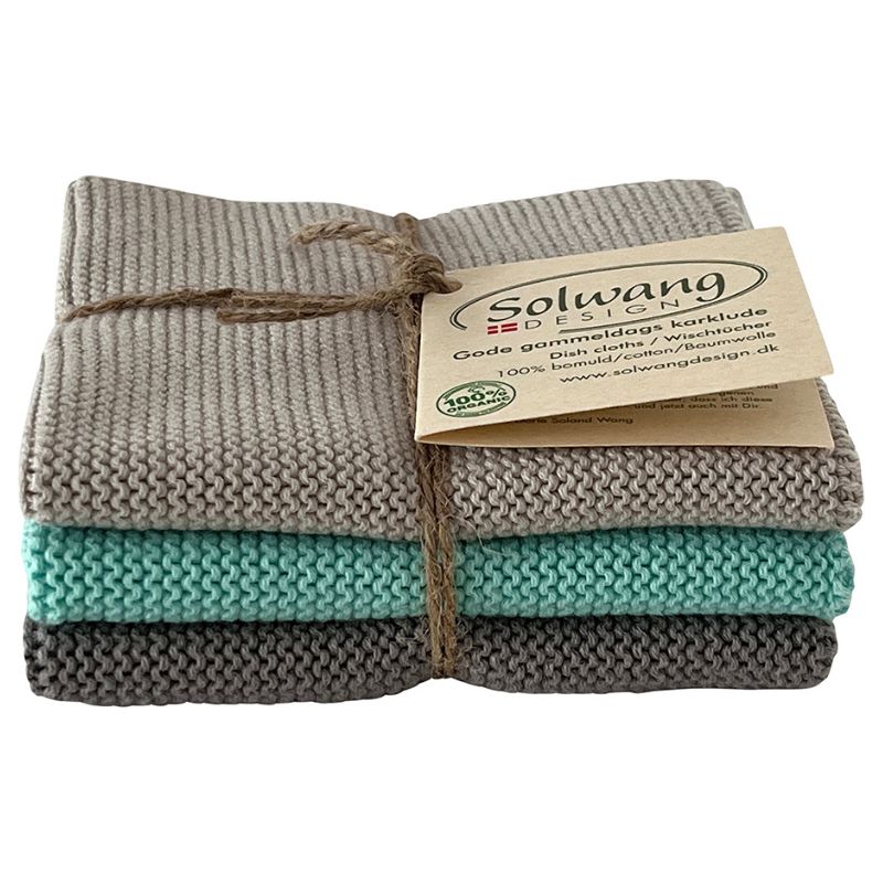 Solwang 100% cotton kitchen dish cloths - Danish design - Grey/Aqua.