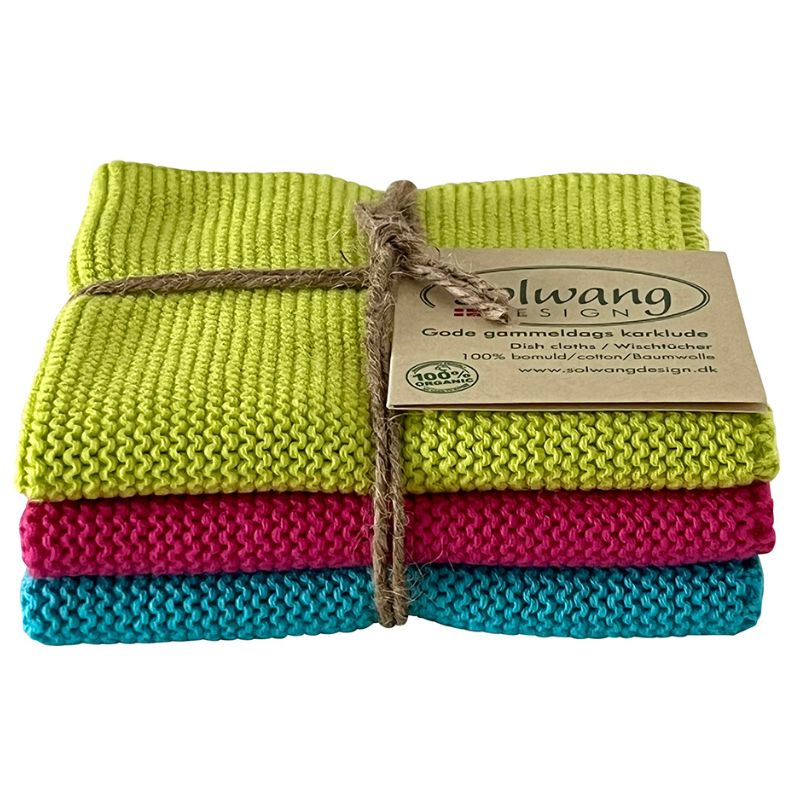 Solwang 100% cotton reusable kitchen dish cloths - Danish design - Lime/Pink/Turquoise.