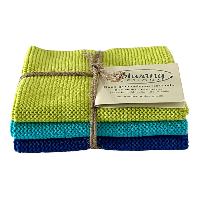Solwang 100% cotton reusable kitchen dish cloths - Danish design - Lime/Turquoise/Cobalt.