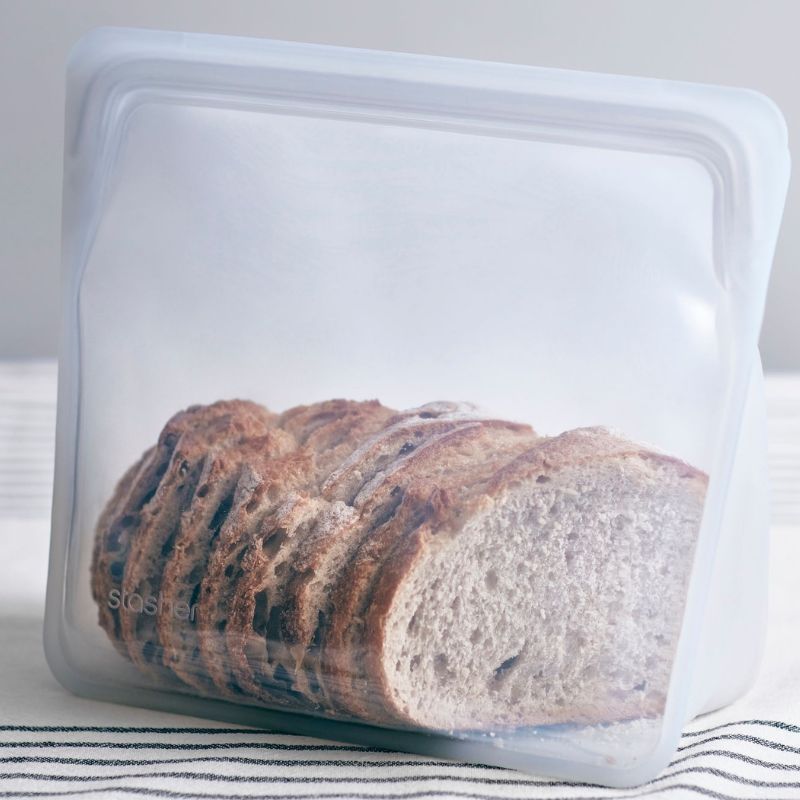 Stasher reusable silicone bag - stand up - mega 3.07L - with sliced bread inside.
