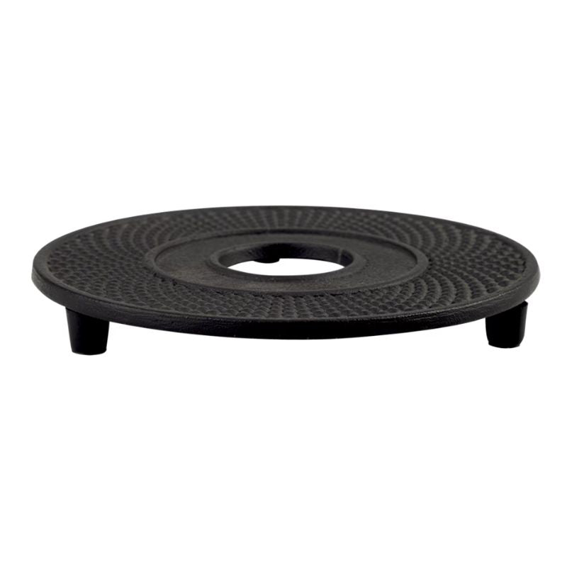 Teaology cast iron trivet - 13.4cm diameter - fine hobnail in black - shown from side. 