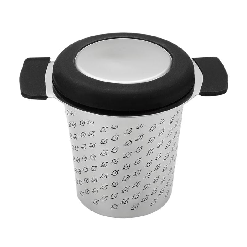 Teaology stainless steel micro mesh tea mug infuser with a black lid. 