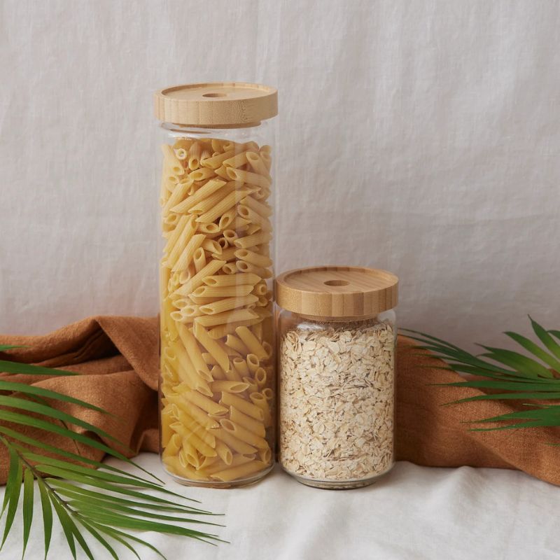 The Conscious Store - glass jar with bamboo lids - 1700ml jar next 1000ml - both with food. 