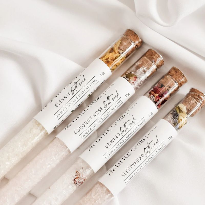 The Little Oasis Bath Co - Magnesium bath soak test tubes - tubes lined up.