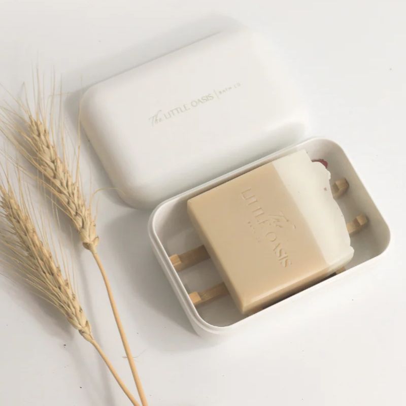 The Little Oasis Bath Co - cornstarch and bamboo zero waste soap dish - shown open with soap inside. 