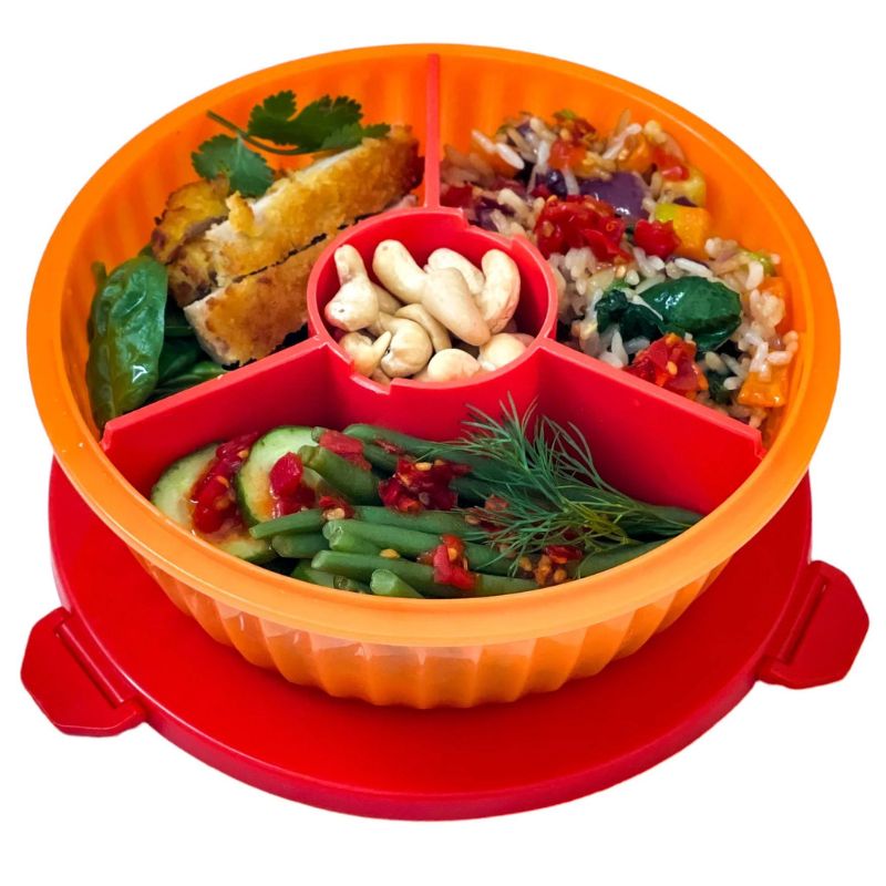 Yumbox Poke Bowl - Leakproof Divided Lunch Bowl - 3 Compartment - Tangerine Orange - open with food.