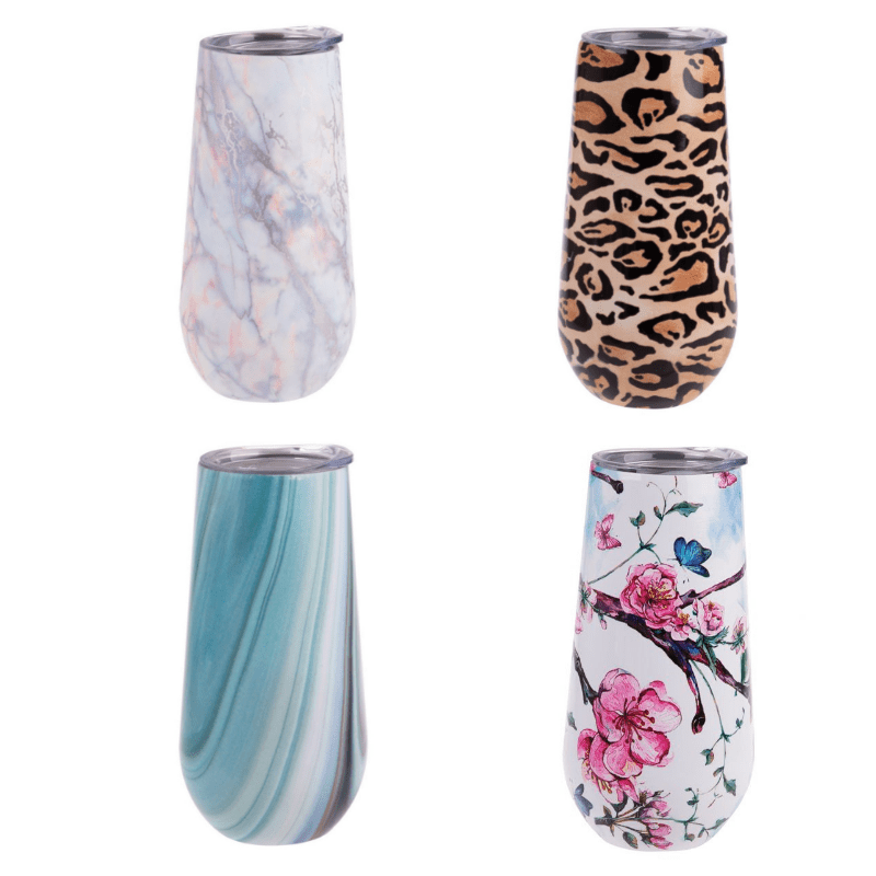 180ml Oasis Champagne double walled flute with lid - Silver Quartz, Leopard, whitehaven and sping blossoms.