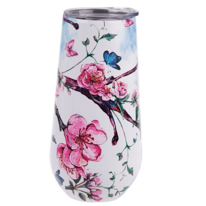 180ml Oasis Champagne double walled flute with lid - Spring Blossom.