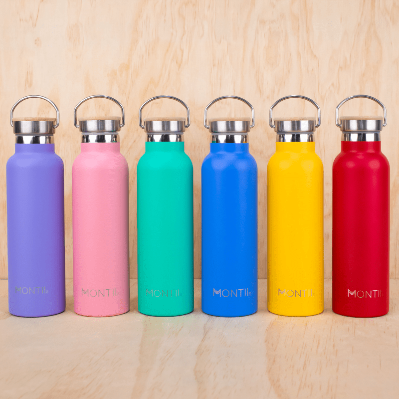 MontiiCo 600ml Original double walled insulated stainless steel drink bottle with bamboo lid - mixed photo. 